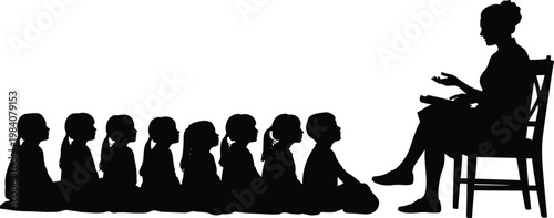 Female Teacher Silhouette Sitting in a Chair Reading a Storybook to a Group of School Children Sitting in a Row for Education Classroom Learning