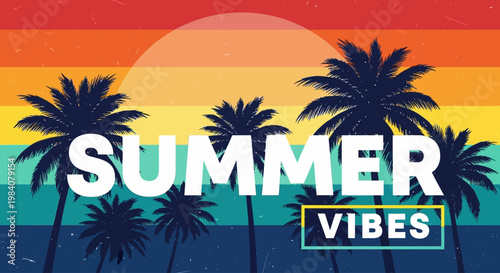 Summer vibes emanate strongly from palm trees standing tall against colorful sunset