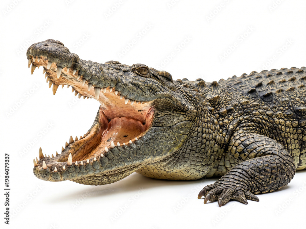 Fototapeta premium Nile Crocodile with open mouth showing sharp teeth isolated on white background