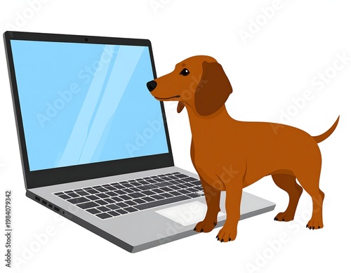 A cartoon dachshund dog looking curiously at a laptop screen