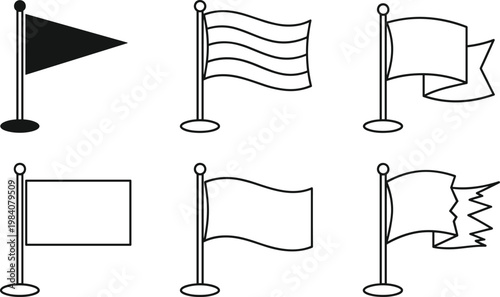 Collection of Flag Icons and Pennant Vector Illustrations Featuring Waving Banners, Blank Rectangles, and Tattered Designs in Minimalist Black and White Line Art Style
