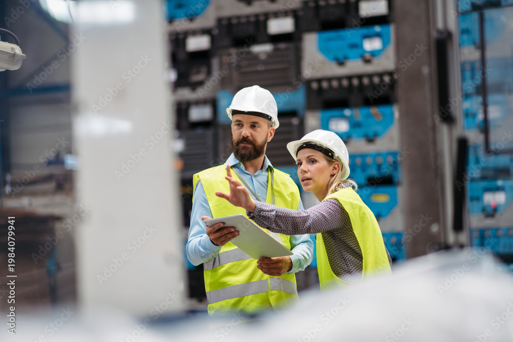 Naklejka premium Industrial team evaluate the production process in high tech manufacturing plant.