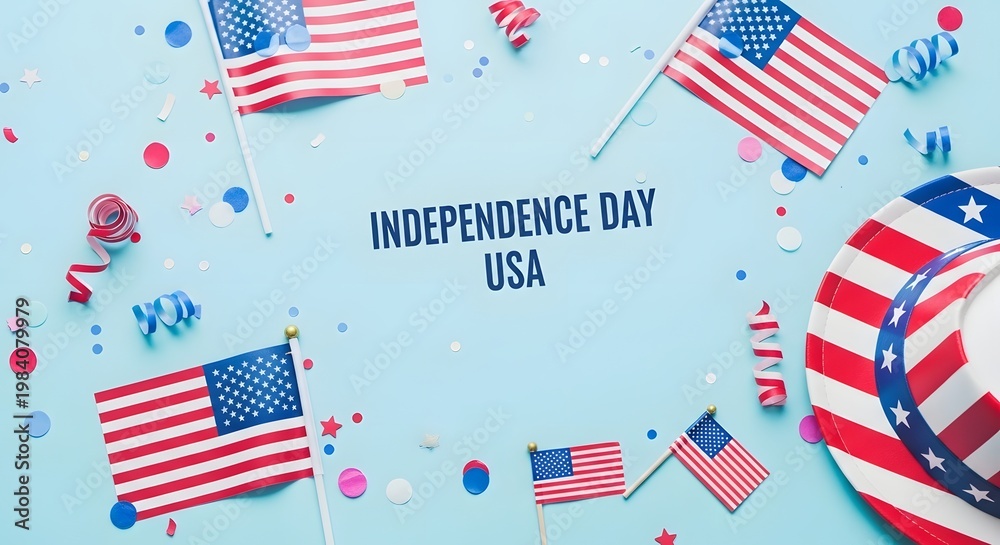 Obraz premium Happy independence day usa festive patriotic layout with american flags confetti and holiday decorations