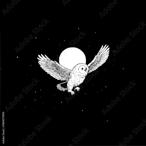 Minimalist hand drawn illustration of a flying owl soaring against a full moon and starry night sky featuring detailed ink pen lines and high contrast black white aesthetic