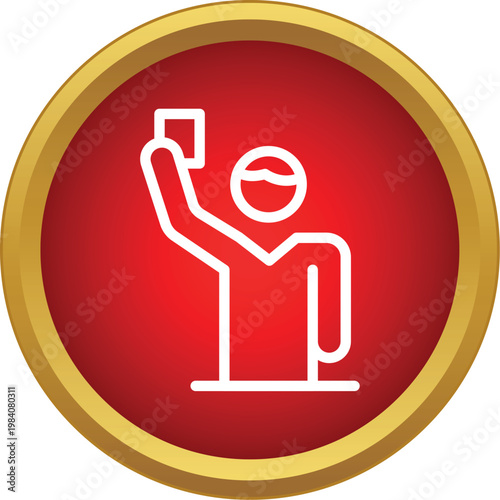 Outline icon of a soccer referee displaying a red card on a red and gold button