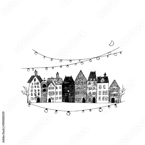 Charming hand drawn townscape illustration featuring quaint european style houses under decorative string lights and a crescent moon in a minimalist black and white sketch