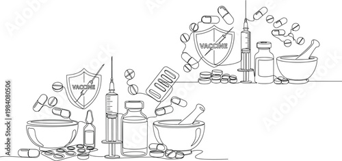 Black and White Line Art Illustrations of Vaccine Vials, Syringes, Pills, and Mortars for Healthcare, Pharmaceutical, and Medical Designs