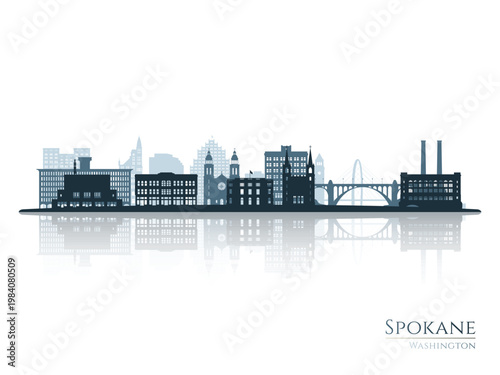 Spokane, WA skyline silhouette with reflection. Landscape Spokane. Vector illustration.