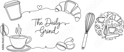 Black and White Line Art Illustrations of Coffee, Pastries, and Kitchen Tools with "The Daily Grind" Text for Food, Café, and Culinary Designs
