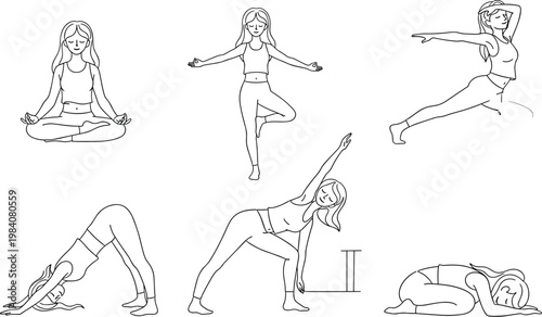 Bild auf Leinwand Black and White Line Art Illustrations of Yoga Poses and Stretching Positions fo