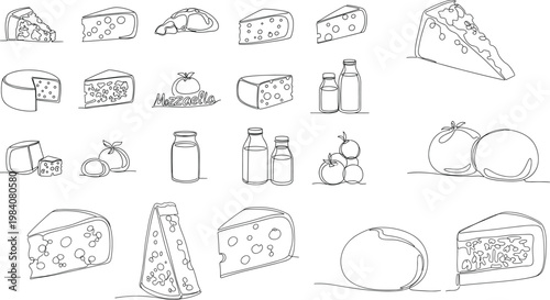 Black and White Line Art Illustrations of Cheese, Dairy Products, and Milk Bottles for Food, Restaurant, and Culinary Designs for Websites, Apps, and Digital Media