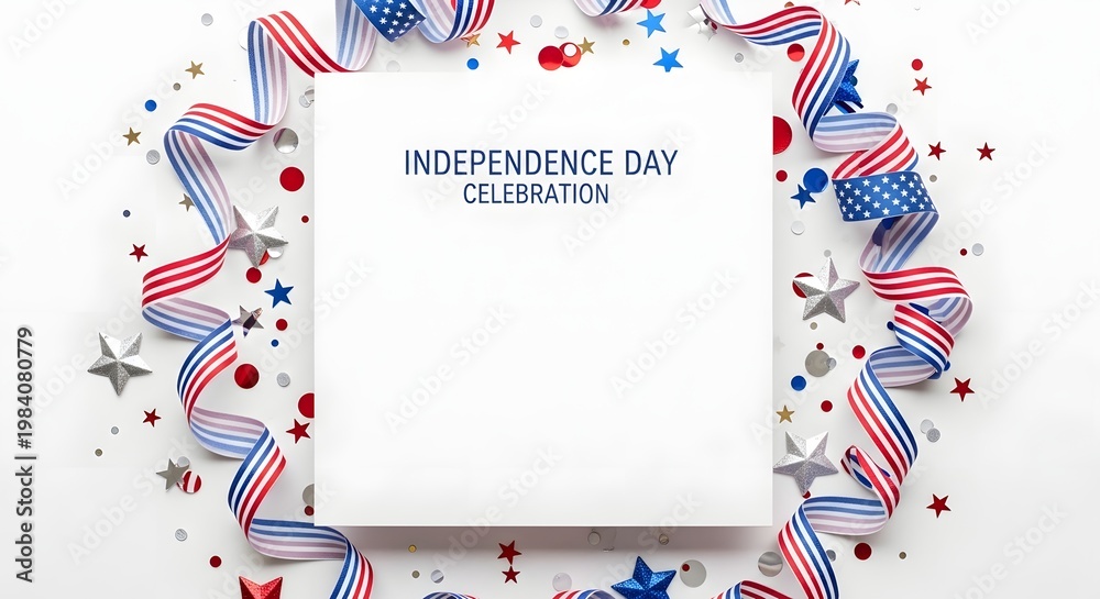 Obraz premium Happy independence day usa festive patriotic layout with american flags and red white and blue decorations