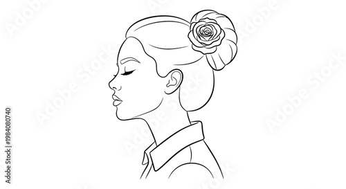 female profile line art of a minimalist woman with closed eyes and elegant bun featuring a delicate rose conveying peace and beauty.