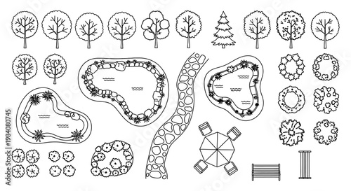 garden landscape design elements top view with trees ponds and furniture