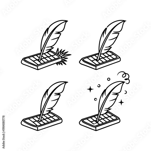 Set of Minimalist Line Art Icons Featuring Quill Pens Resting on Digital Keyboards for Writing