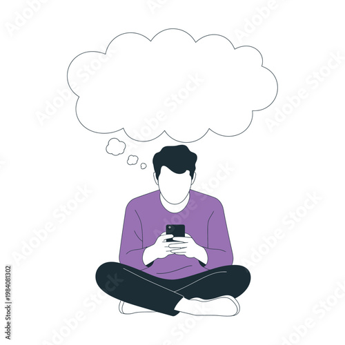 A man sits cross-legged with a thought bubble above his head