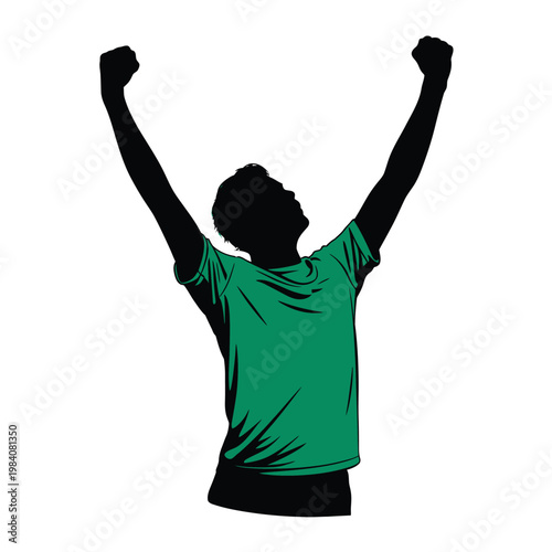 A triumphant man with his arms raised in victory and joy