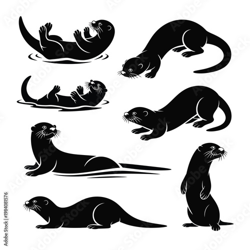 A set of black otter silhouettes in various playful poses