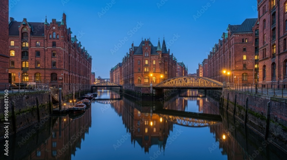 Fototapeta premium Venice-Like Canal Cityscape at Dusk-(Pemandangan Kota Kanal Mirip Venesia di Senja)
