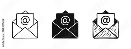 Electronic Mail Icon Set with At Symbol - Line, Solid, and Hand-Drawn Styles