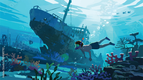 Obraz na plátně Illustration Of A Person Diving In The Sea With A View Of An Old Shipwreck Vecto