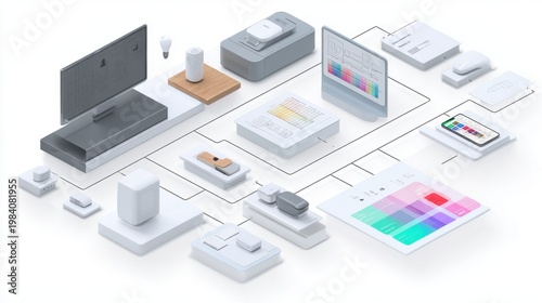 Clean Isometric Arrangement of Diverse Electronic Devices and Color Swatches on White Background
