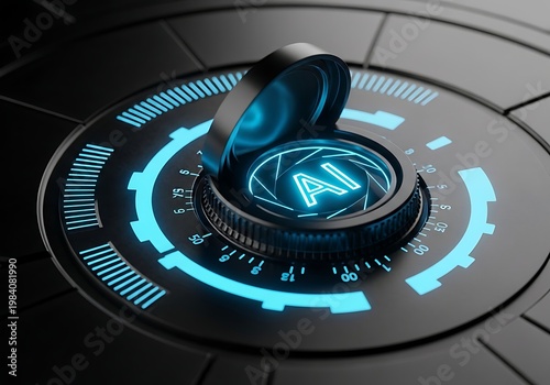 Futuristic ai interface with glowing blue dial and control knob on sleek black panel