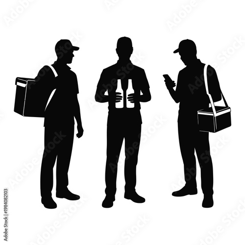 Three delivery men in silhouette holding food and using phone