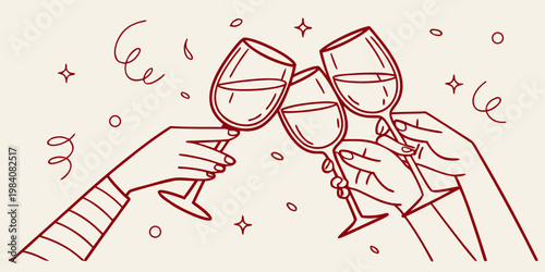 A celebratory toast with wine glasses depicted in a minimalist style
