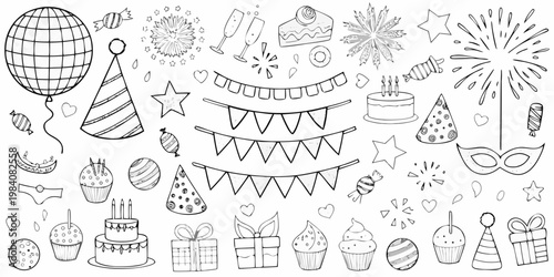 Black and white doodle illustrations of various party celebration elements
