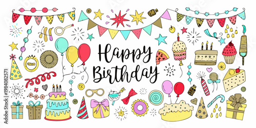 Colorful hand drawn birthday illustrations with balloons cake and festive decorations