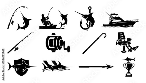 Swordfish Sport Fishing Silhouettes Set, Deep Sea Angling and Big Game Icons