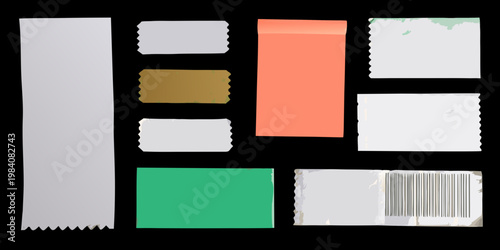 Assorted rectangular adhesive tape pieces arranged on a black background