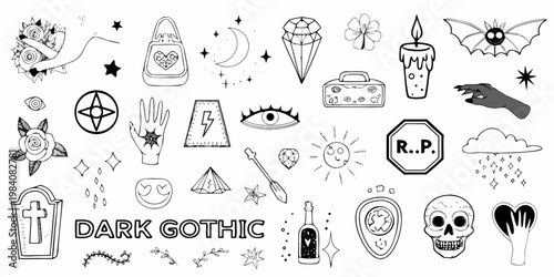 A collection of dark gothic themed doodles and illustrations in black and white