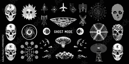 A collection of grayscale otherworldly symbols and stylized skull imagery
