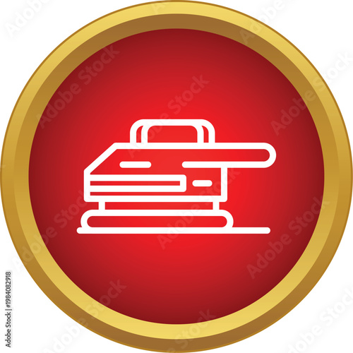 Outline conveying an electric sander inside a red circle with a golden border