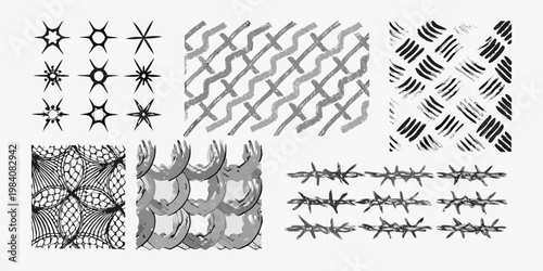 Assortment of barbed wire and starburst patterns in grayscale