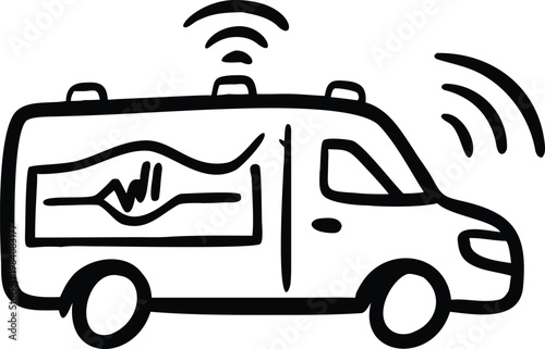 smart ambulance with heartbeat line and wireless signals symbolizing connected medical emergency transportation