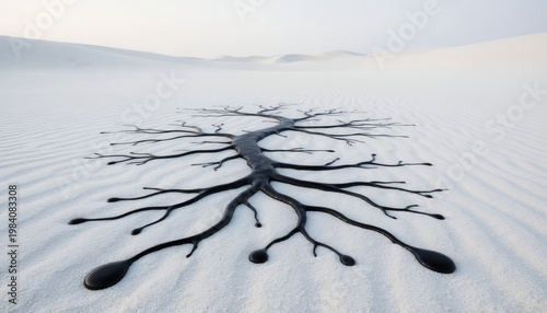 Black oil white sand desert seepage abstract pattern Black oil seepage forming abstract branch pattern across white sand desert dunes, dramatic minimal landscape texture with flowing lines