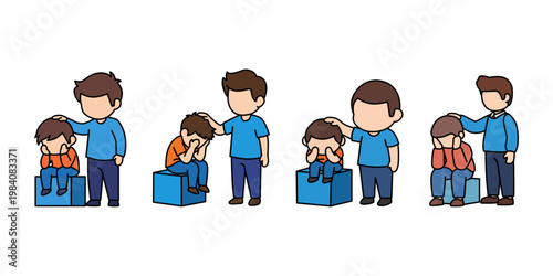 Sad Child Comforted by Adult Vector Illustration Set