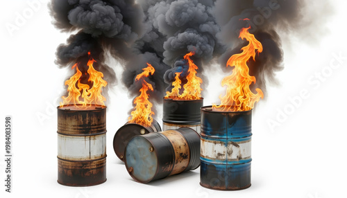 Burning oil barrel black smoke fire flame industrial barrel pollution burning oil barrel scene with thick black smoke and bright flame from industrial barrel, hazardous waste fire concept
