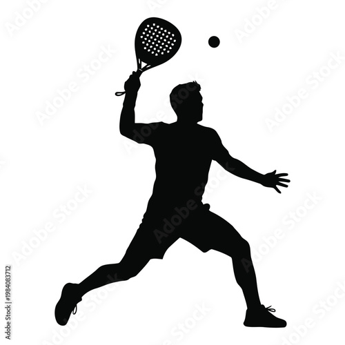 Silhouette of a man playing tennis with racket and ball in mid air motion on white background