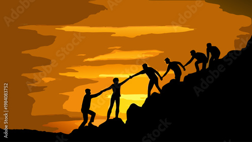 A group of jubilant figures, silhouetted atop a hill