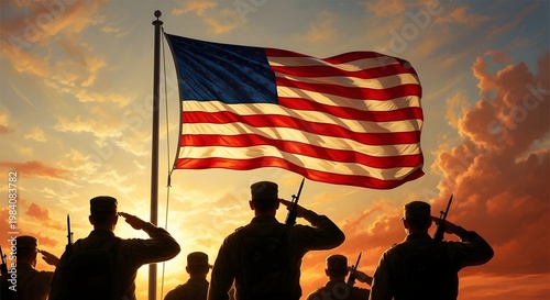 Happy independence day usa patriotic silhouette of soldiers saluting the american flag at sunset