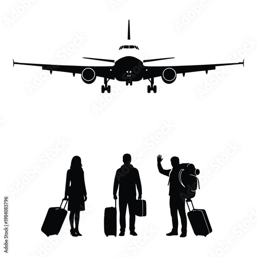 Silhouette of airplane with people and luggage traveling  airport scene