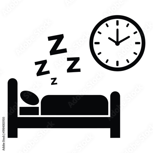 Sleeping person in bed with clock and zzz symbols  rest and time concept