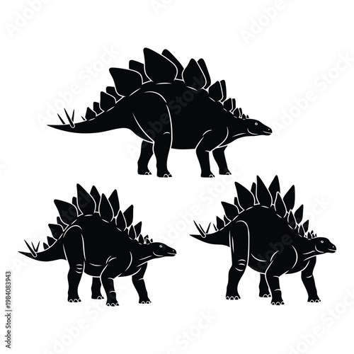 Three black silhouettes of stegosaurus dinosaurs standing in different poses