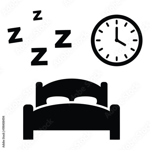 Black and white illustration of a sleeping person next to a clock  bed with zs floating above it