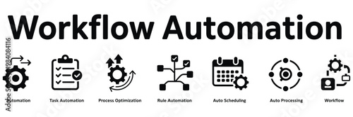 workflow automation banner design, vector illustration featuring task automation, process optimization, rule automation, scheduling, processing and workflow engine icons.