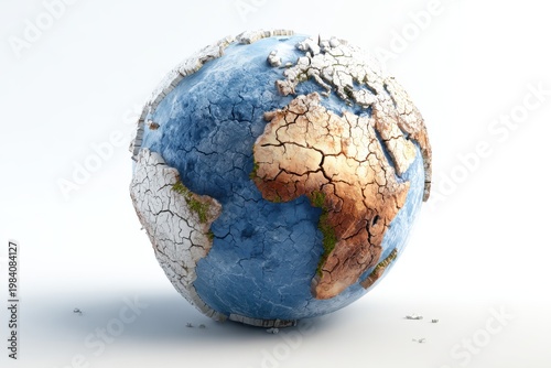 Cracked Earth Globe With Blue Oceans and Dry Continents Against White Background Macro Shot